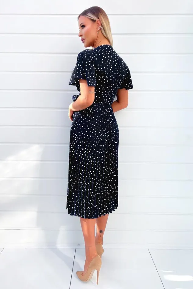 AX Paris Navy Polka Dot Wrap Top Belted Pleated Midi Dress Dresses