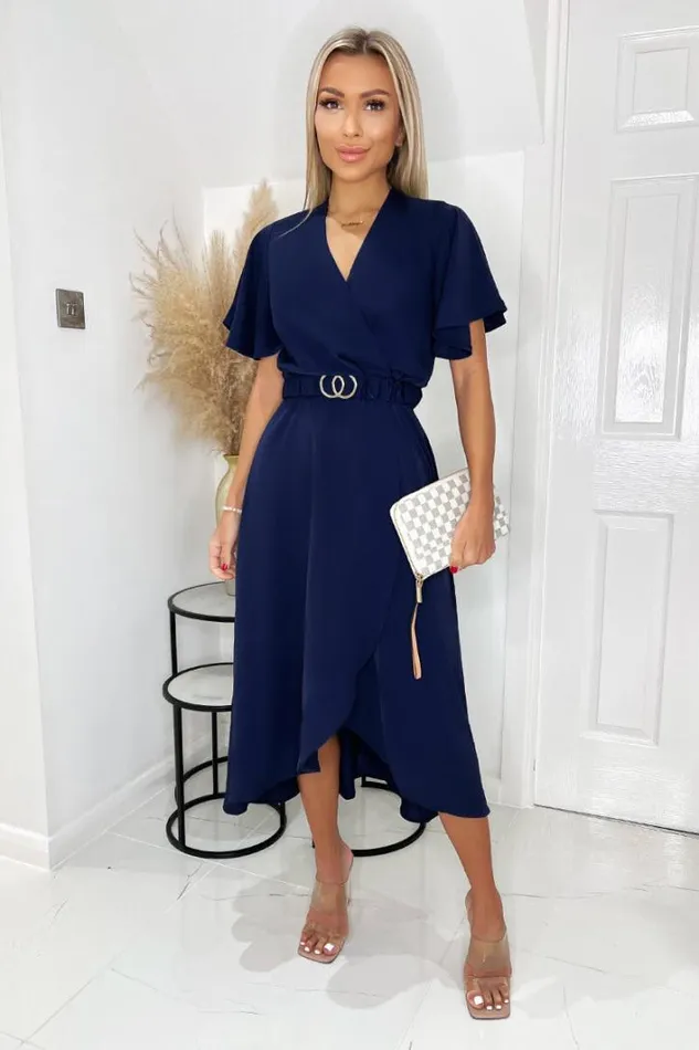 AX Paris Navy Short Sleeve Belted Wrap Midi Dress Dresses
