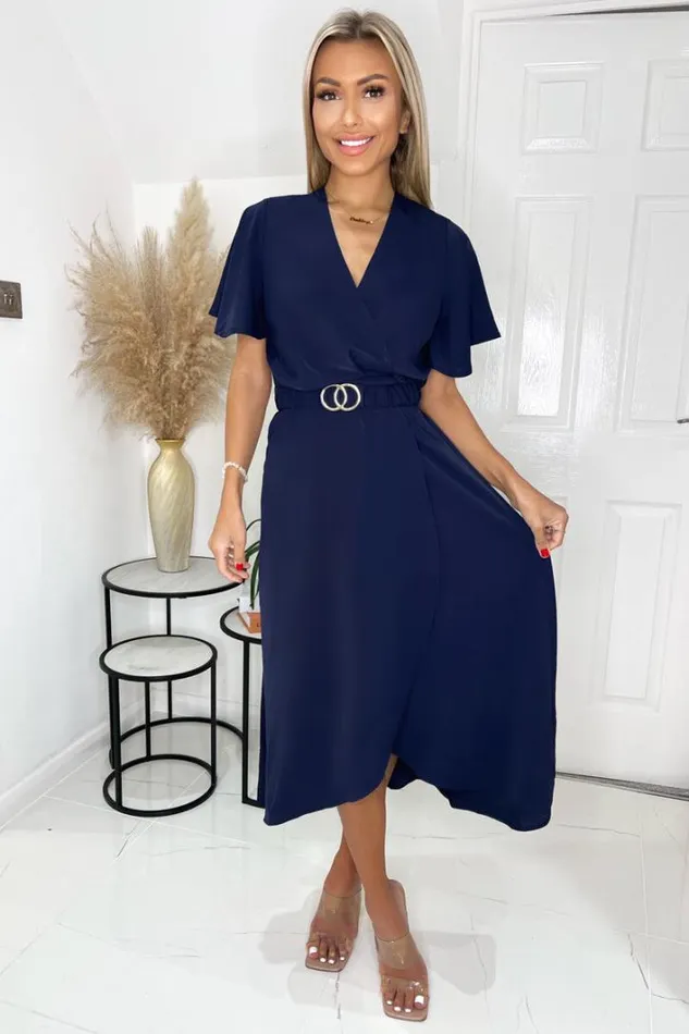 AX Paris Navy Short Sleeve Belted Wrap Midi Dress Dresses