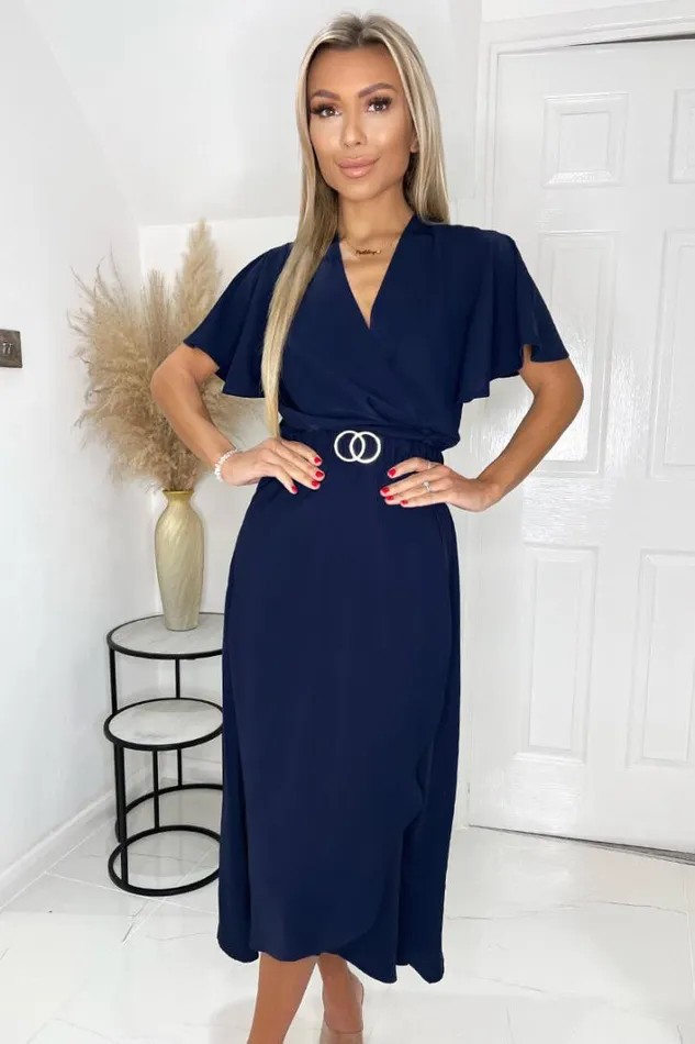 AX Paris Navy Short Sleeve Belted Wrap Midi Dress Dresses