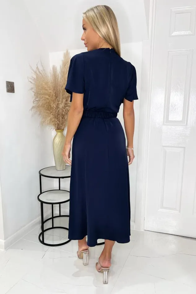 AX Paris Navy Short Sleeve Belted Wrap Midi Dress Dresses