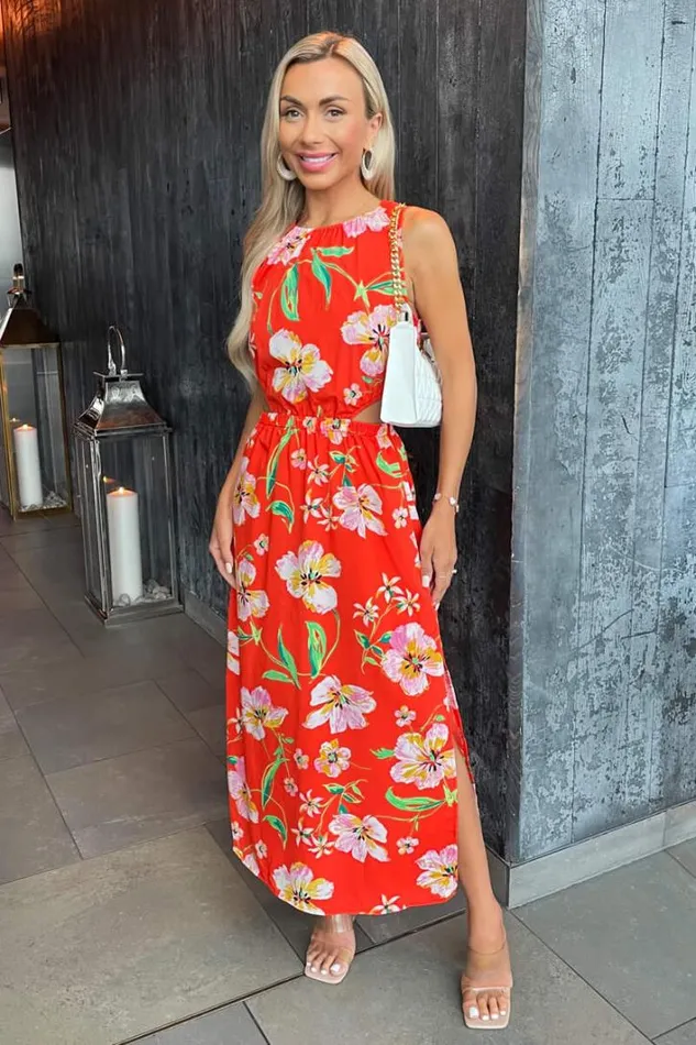 AX Paris Orange Floral Cut Out Waist Midi Dress Dresses