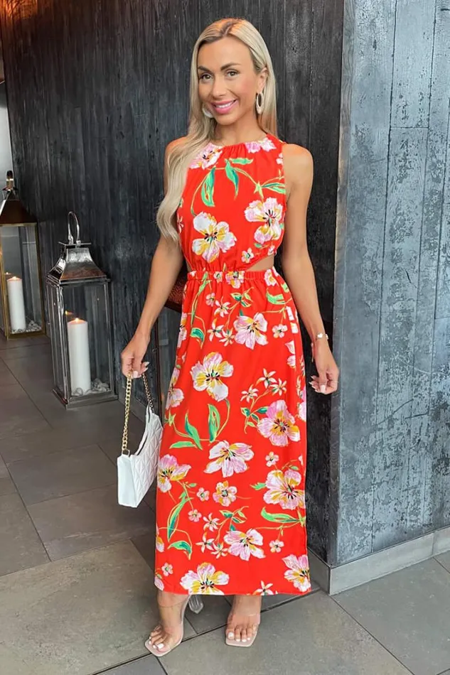 AX Paris Orange Floral Cut Out Waist Midi Dress Dresses