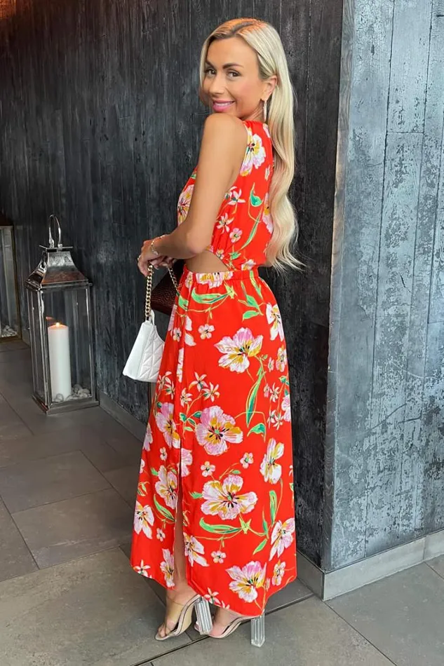 AX Paris Orange Floral Cut Out Waist Midi Dress Dresses