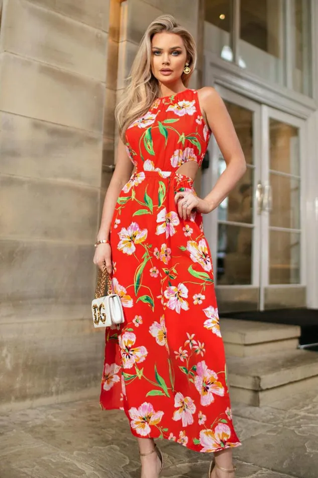 AX Paris Orange Floral Cut Out Waist Midi Dress Dresses