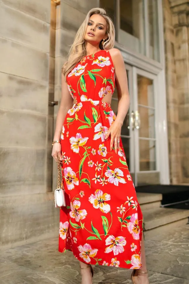 AX Paris Orange Floral Cut Out Waist Midi Dress Dresses