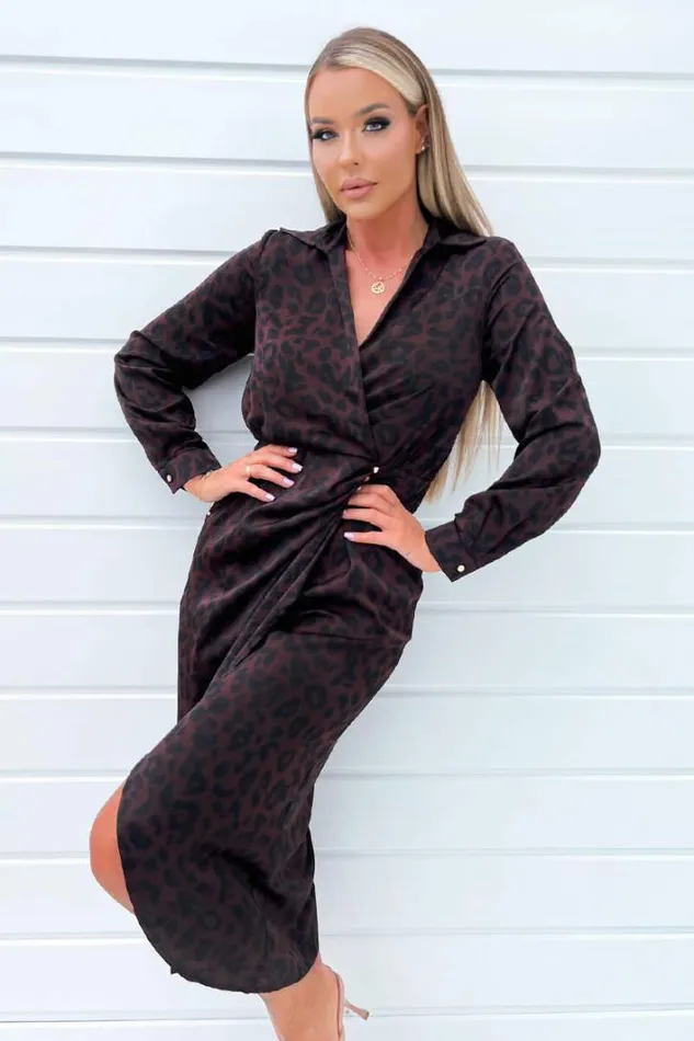 AX Paris Plum Animal Print Long Sleeve Wrap Midi Dress With Gold Buttons Dresses