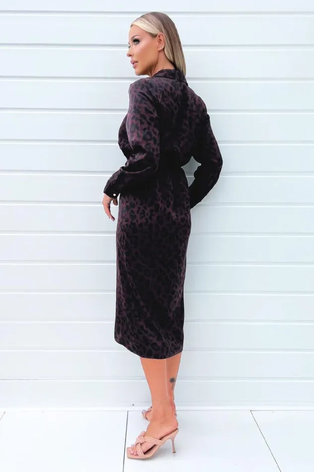 AX Paris Plum Animal Print Long Sleeve Wrap Midi Dress With Gold Buttons Dresses
