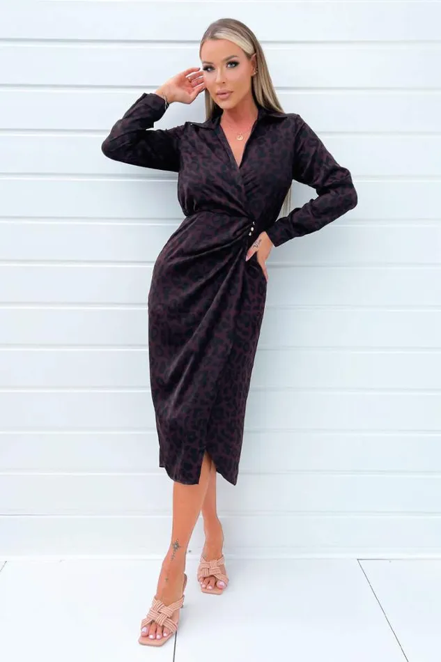AX Paris Plum Animal Print Long Sleeve Wrap Midi Dress With Gold Buttons Dresses