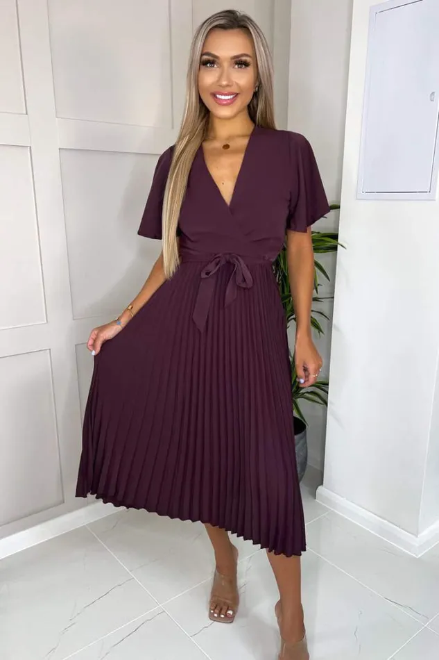 AX Paris Plum Belted Pleated Skirt Midi Dress Dresses