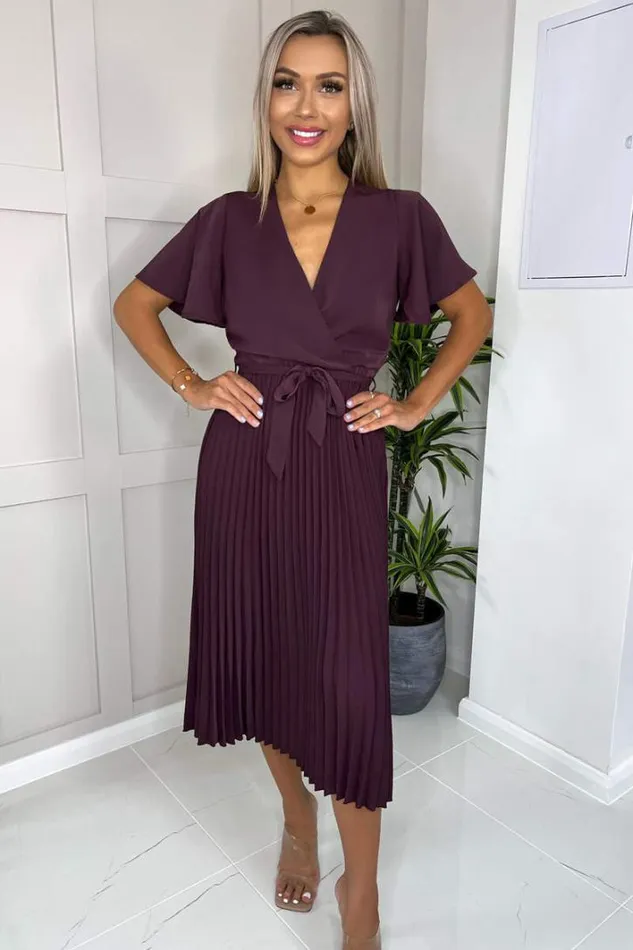 AX Paris Plum Belted Pleated Skirt Midi Dress Dresses