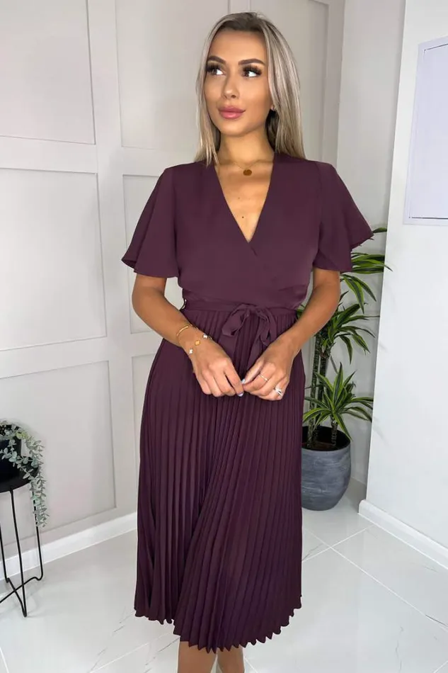 AX Paris Plum Belted Pleated Skirt Midi Dress Dresses