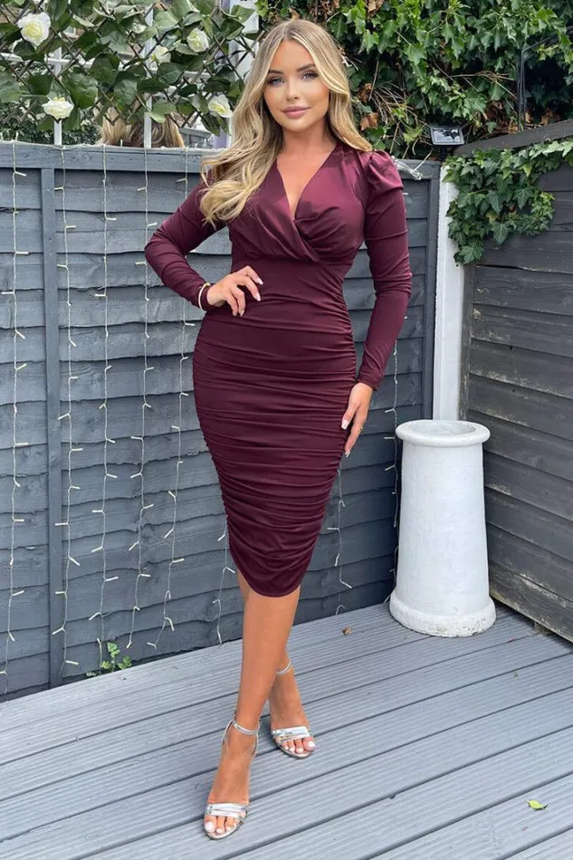 AX Paris Plum Ruched Long Sleeve Cross Front Midi Dress Dresses