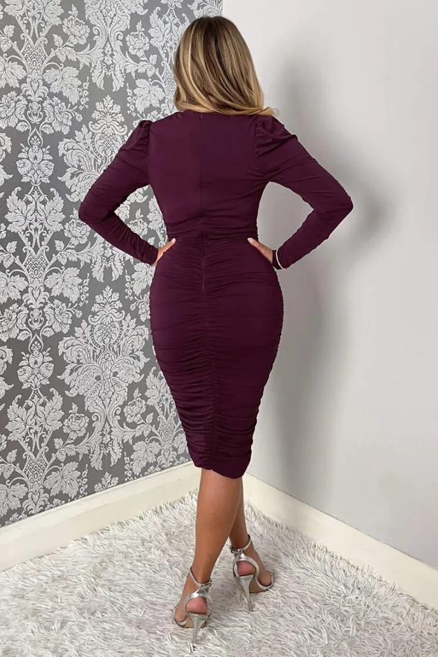 AX Paris Plum Ruched Long Sleeve Cross Front Midi Dress Dresses