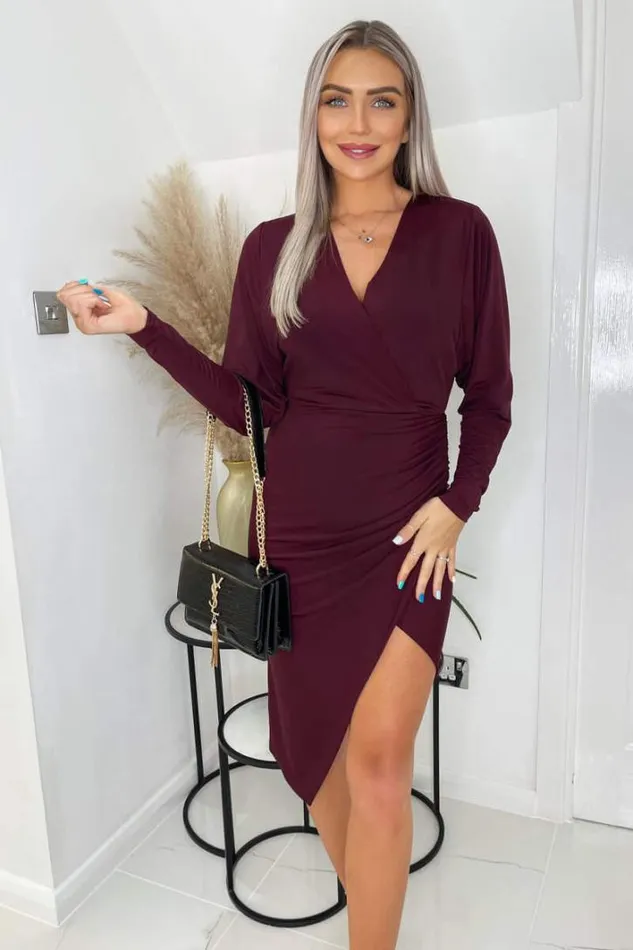 AX Paris Plum Ruched Side Wrap Top Midi Dress Dresses