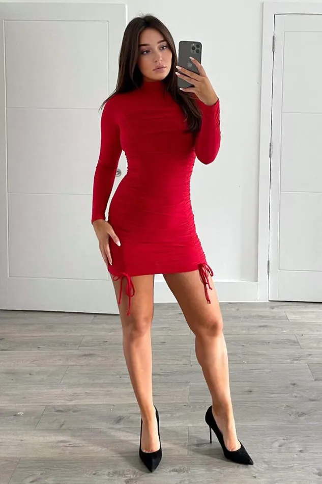 AX Paris Red Double Ruched Long Sleeve Bodycon Dress Dresses