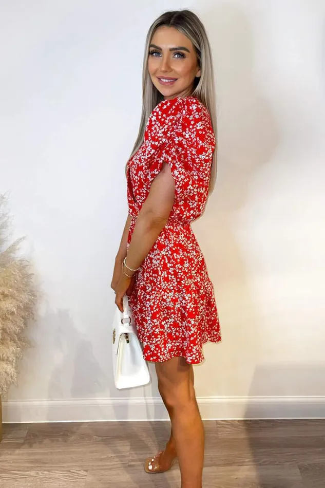 AX Paris Red Floral Puff Sleeve Wrap Over Mini Dress Dresses