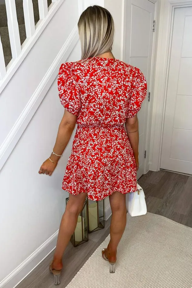 AX Paris Red Floral Puff Sleeve Wrap Over Mini Dress Dresses