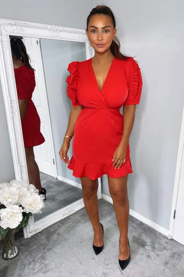 AX Paris Red Pleated Sleeve Wrap Dress Cocktail Dresses