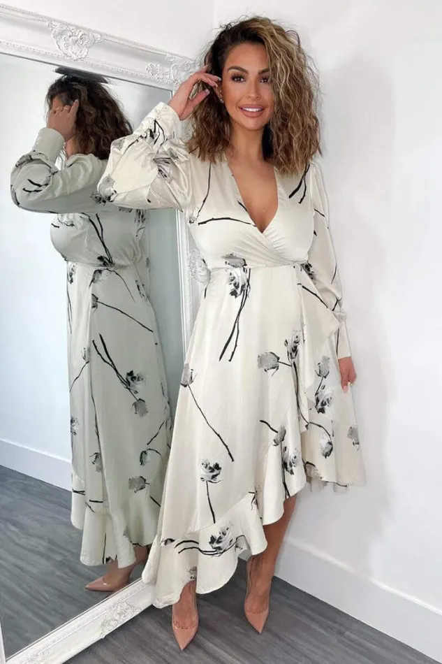 AX Paris Stone Floral Printed Wrap Over Long Sleeve Dress Dresses