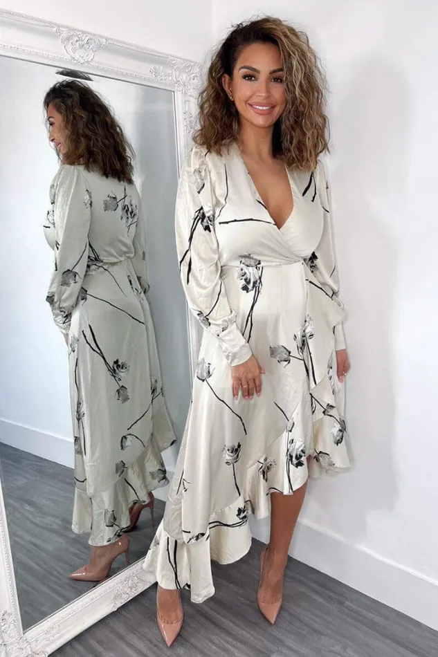 AX Paris Stone Floral Printed Wrap Over Long Sleeve Dress Dresses