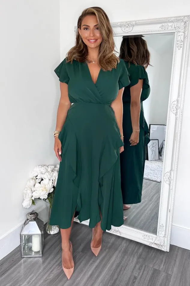 AX Paris Teal Frill Detail Double Split Skirt Midi Dress Dresses