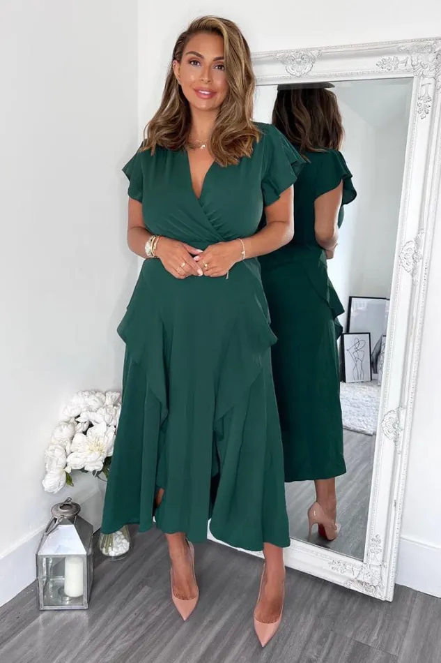 AX Paris Teal Frill Detail Double Split Skirt Midi Dress Dresses