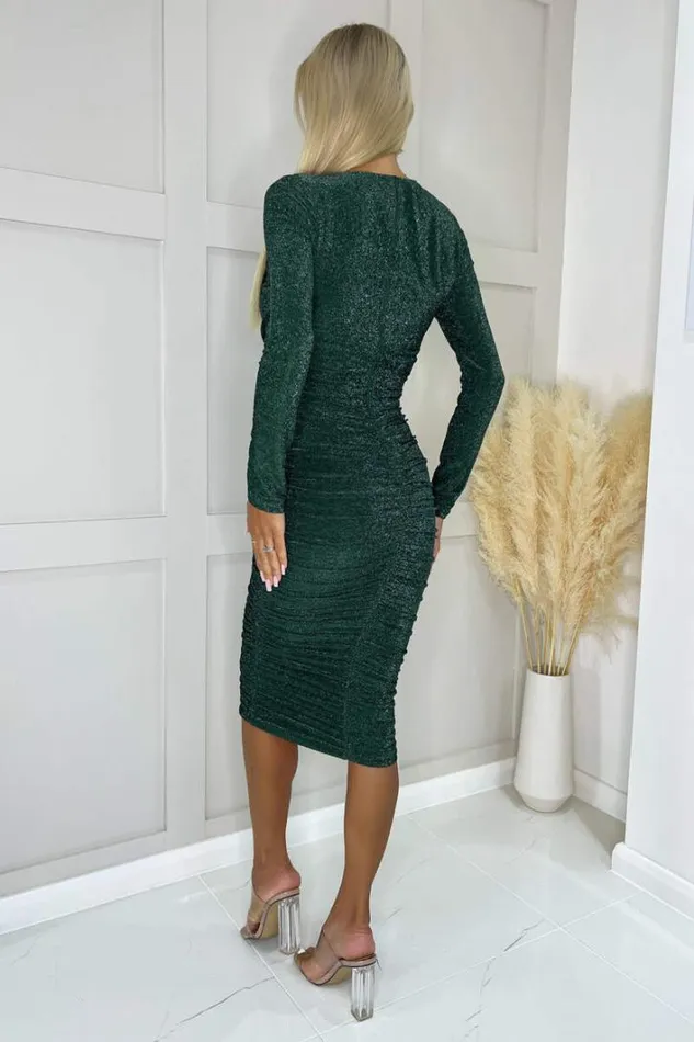 AX Paris Teal Glitter Long Sleeve Ruched Bodycon Dress Dresses