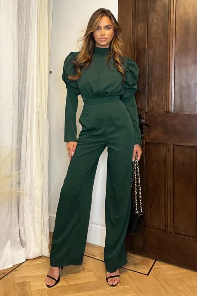 AX Paris Teal High Neck Puff Sleeve Jumpsuit Jumpsuits And Playsuits