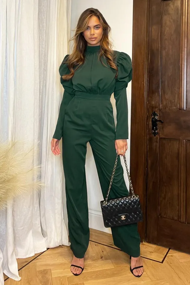 AX Paris Teal High Neck Puff Sleeve Jumpsuit Jumpsuits And Playsuits
