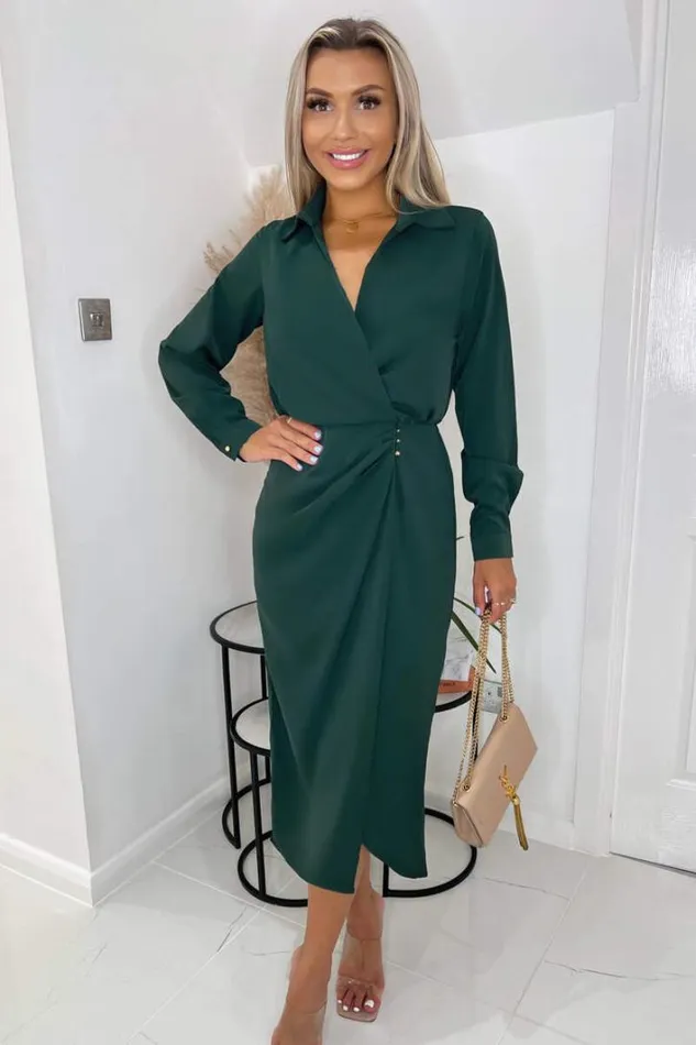 AX Paris Teal Long Sleeve Side Ruched Wrap Over Midi Dress Dresses