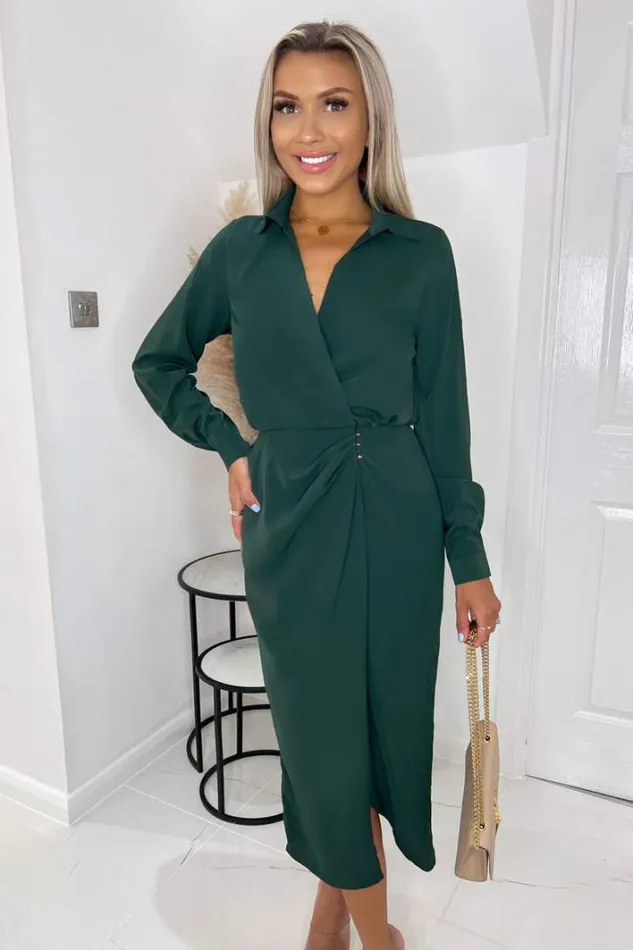 AX Paris Teal Long Sleeve Side Ruched Wrap Over Midi Dress Dresses
