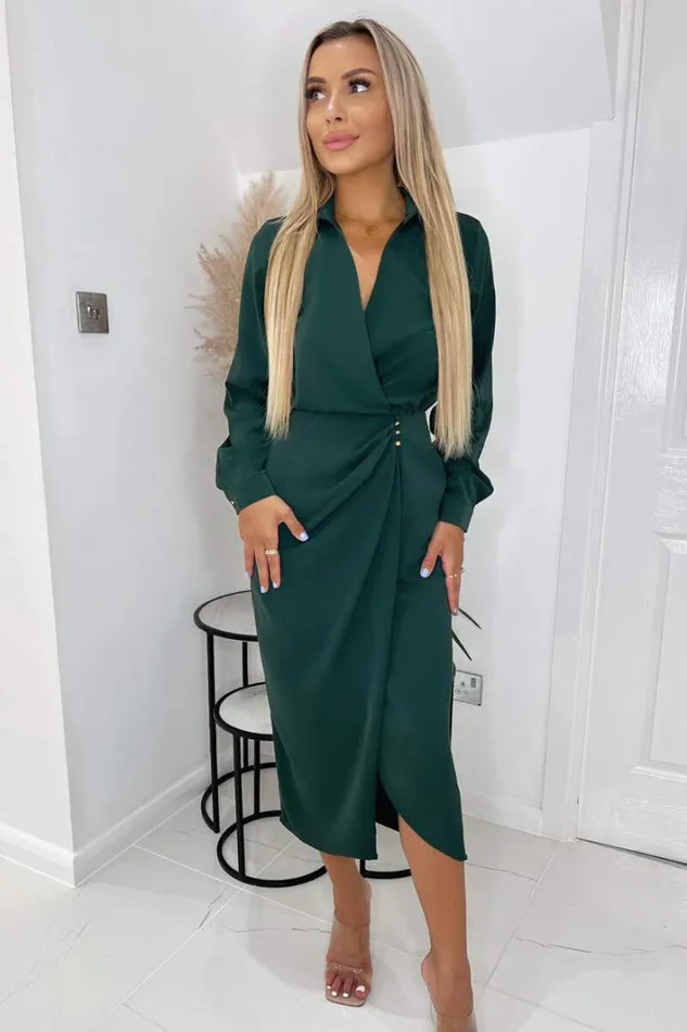 AX Paris Teal Long Sleeve Side Ruched Wrap Over Midi Dress Dresses