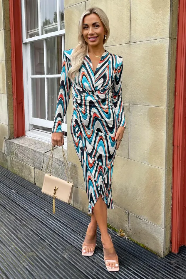 AX Paris Teal Printed Long Sleeve Wrap Midi Dress Dresses