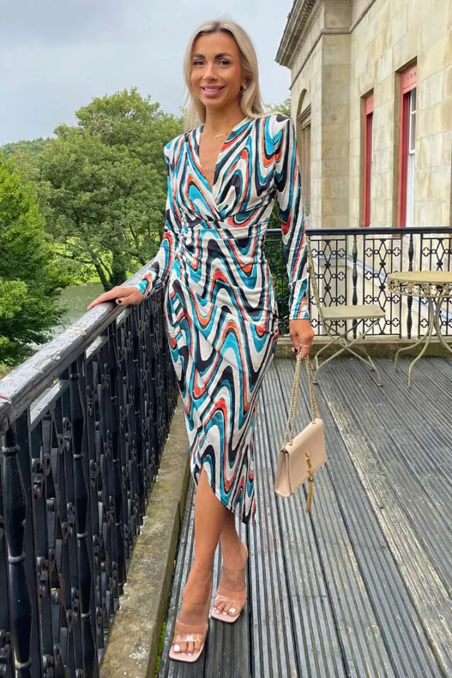 AX Paris Teal Printed Long Sleeve Wrap Midi Dress Dresses