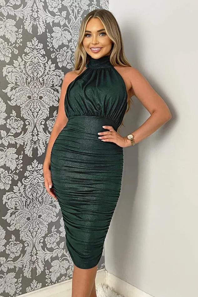 AX Paris Teal Shimmer High Neck Ruched Bodycon Midi Dress Dresses