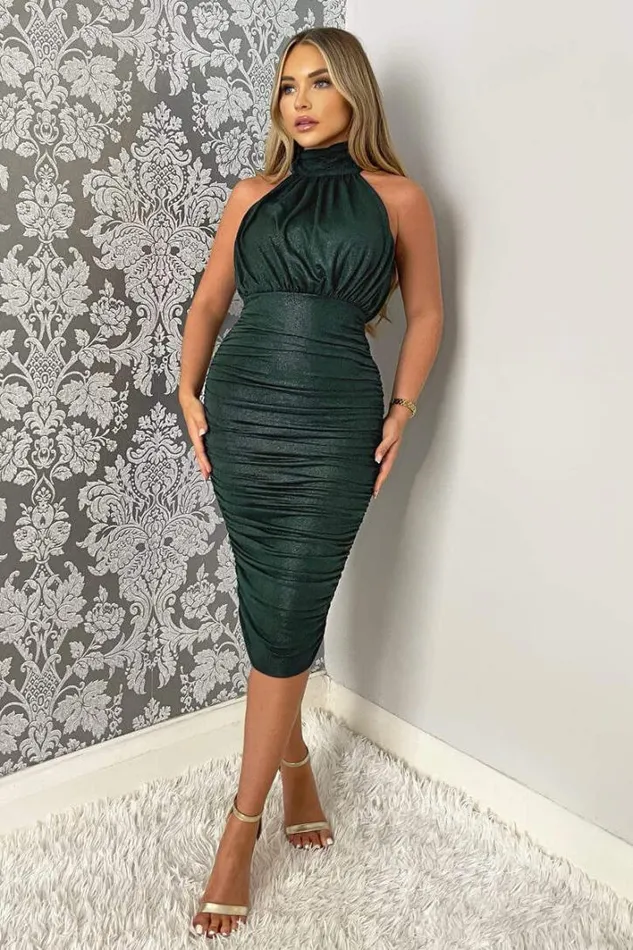 AX Paris Teal Shimmer High Neck Ruched Bodycon Midi Dress Dresses