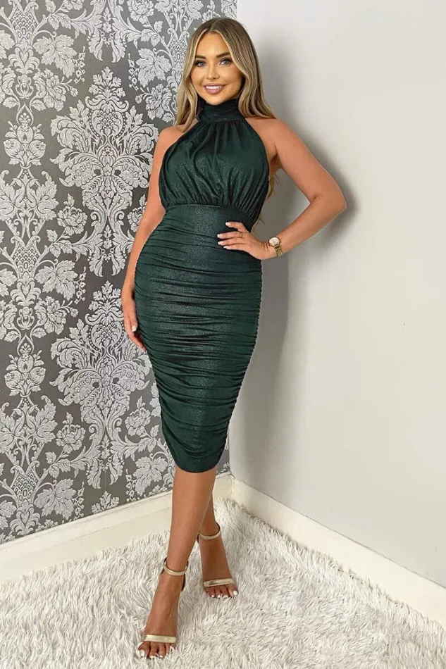 AX Paris Teal Shimmer High Neck Ruched Bodycon Midi Dress Dresses