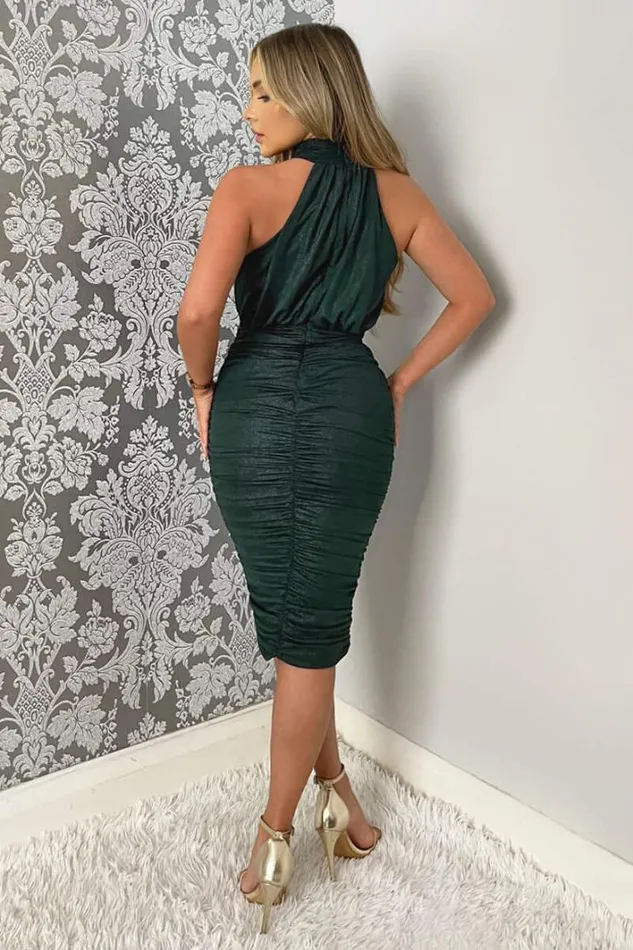 AX Paris Teal Shimmer High Neck Ruched Bodycon Midi Dress Dresses