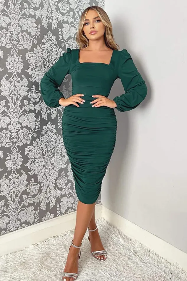 AX Paris Teal Square Neck Ruched Long Sleeve Midi Dress Dresses