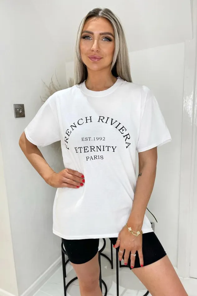 AX Paris White French Riviera Slogan TShirt Tops