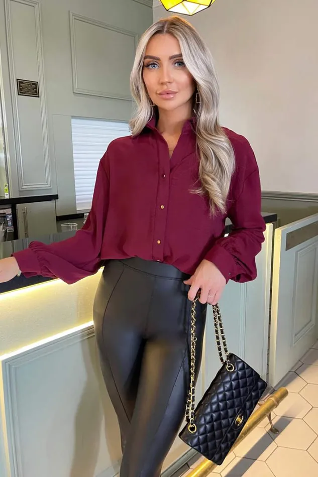 AX Paris Wine Long Sleeve Gold Button Front Shirt Tops