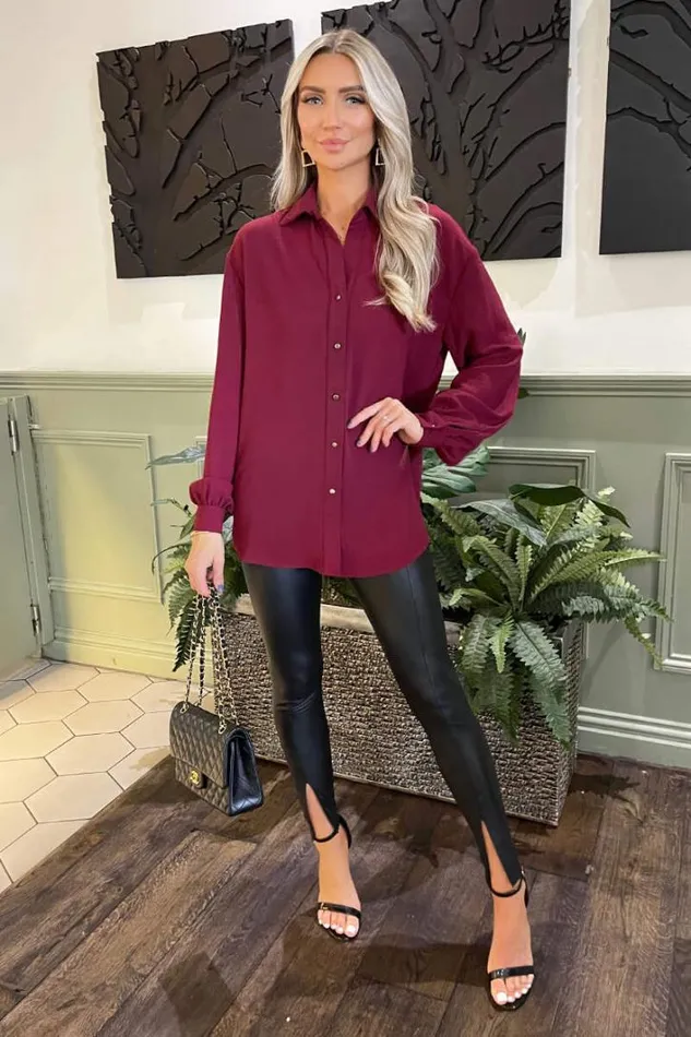AX Paris Wine Long Sleeve Gold Button Front Shirt Tops