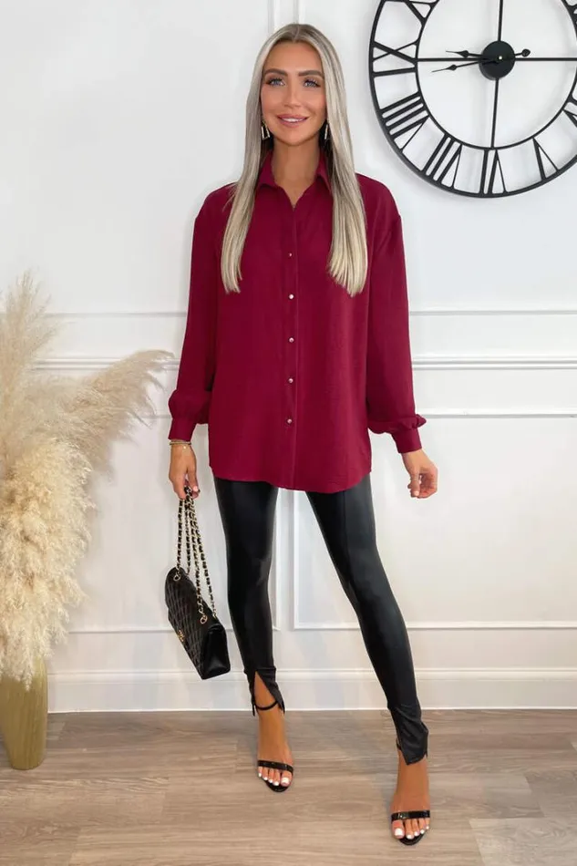 AX Paris Wine Long Sleeve Gold Button Front Shirt Tops