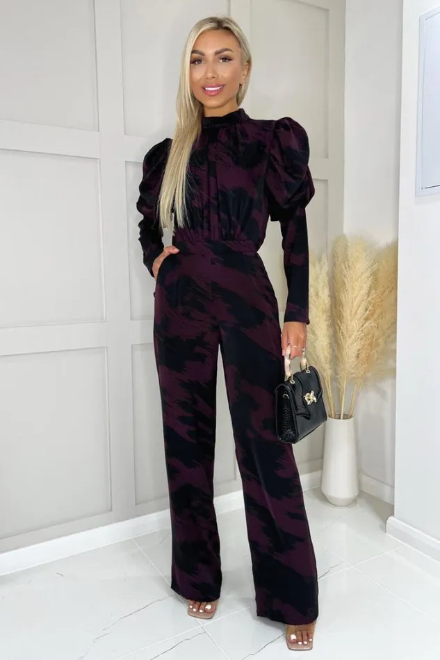 AX Paris Wine Printed High Neck Puff Sleeve Jumpsuit Jumpsuits And Playsuits