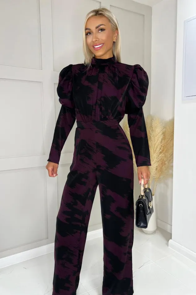 AX Paris Wine Printed High Neck Puff Sleeve Jumpsuit Jumpsuits And Playsuits