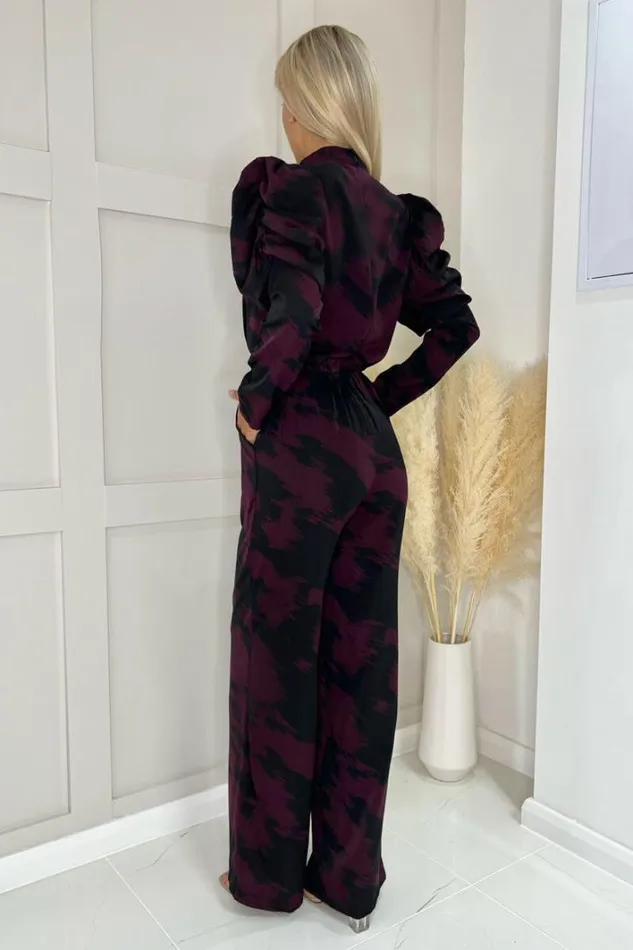 AX Paris Wine Printed High Neck Puff Sleeve Jumpsuit Jumpsuits And Playsuits