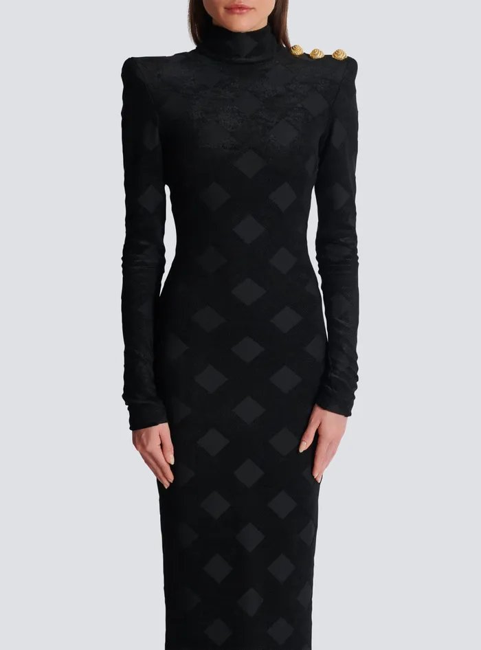 Balmain Dresses Women Long Gingham Boucleacute Dress Black
