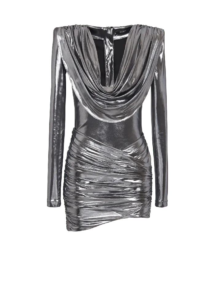Balmain Dresses Women Short Metallic Draped Dress Silver