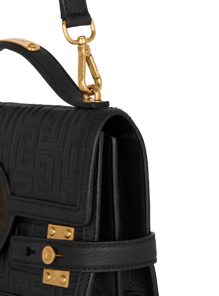 Balmain Handbags Women BBuzz 24 Grained Monogram Leather Shoulder Bag Black